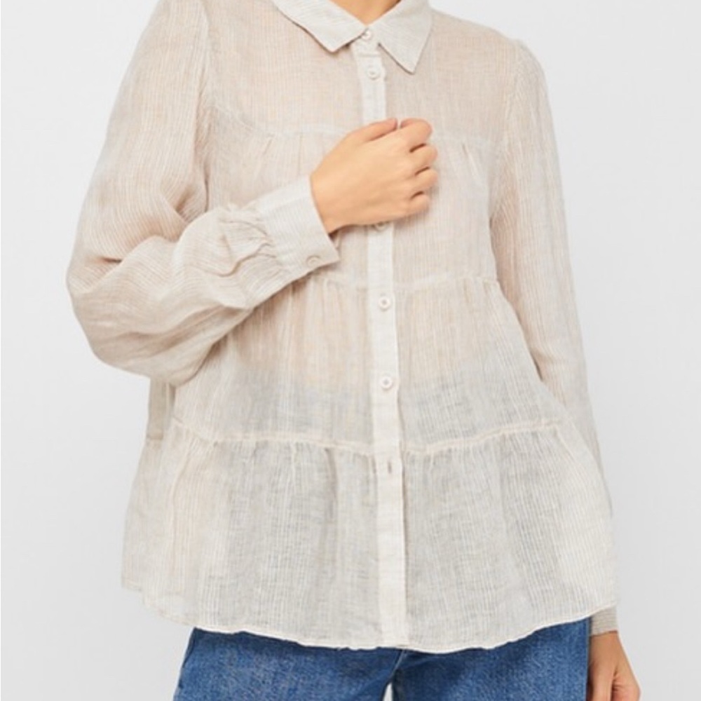 Zara 100% linen Cream Button-Up Blouse